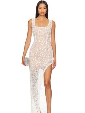 NADINE MERABI White Lace High-Low Evening Dress